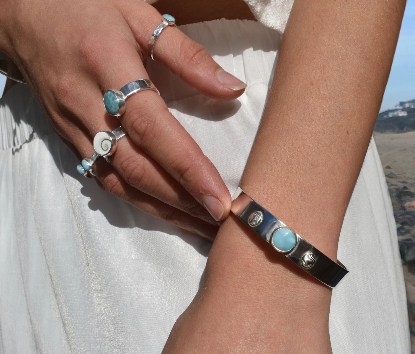 Chunky Larimar & Seashell Cuff
